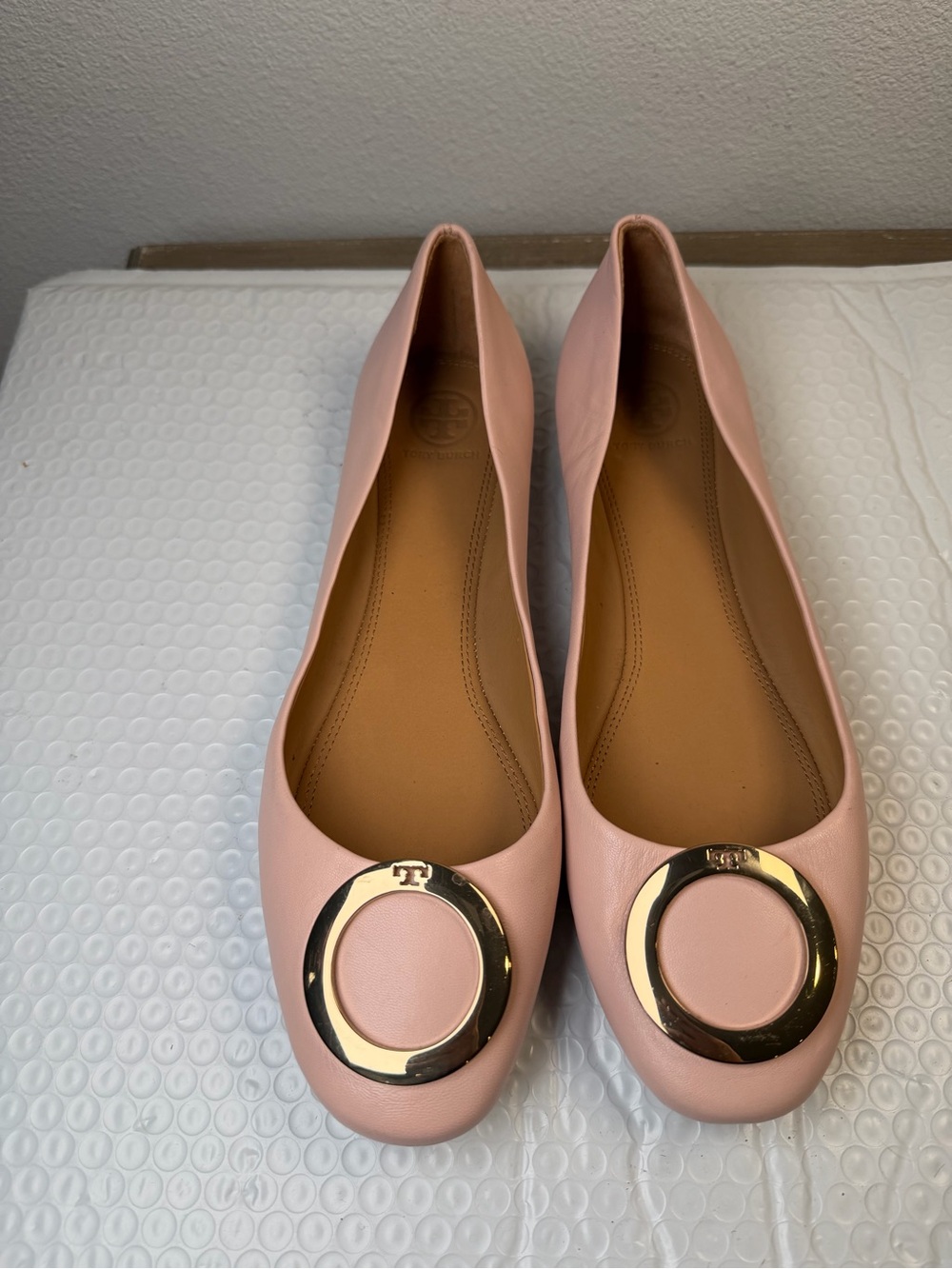 Tory Burch Caterina Ballet Flats Blush Pink Leather Gold Logo Women’s Size 9M